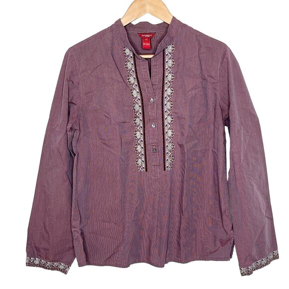Sundance Embroidered Striped Popover Blouse Red Women’s 10 Long Sleeve boho - Picture 1 of 6